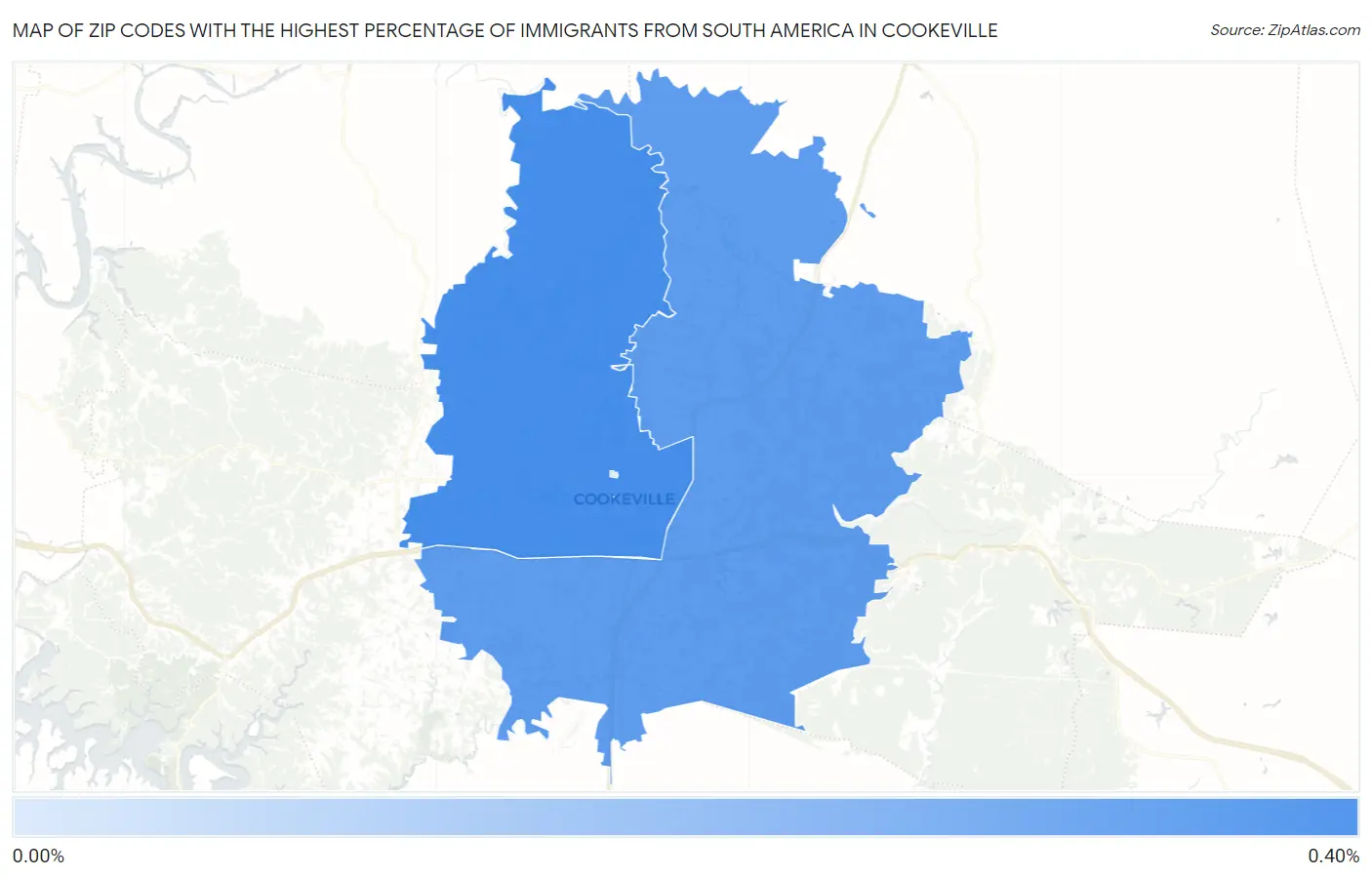 Zip Codes with the Highest Percentage of Immigrants from South America in Cookeville Map