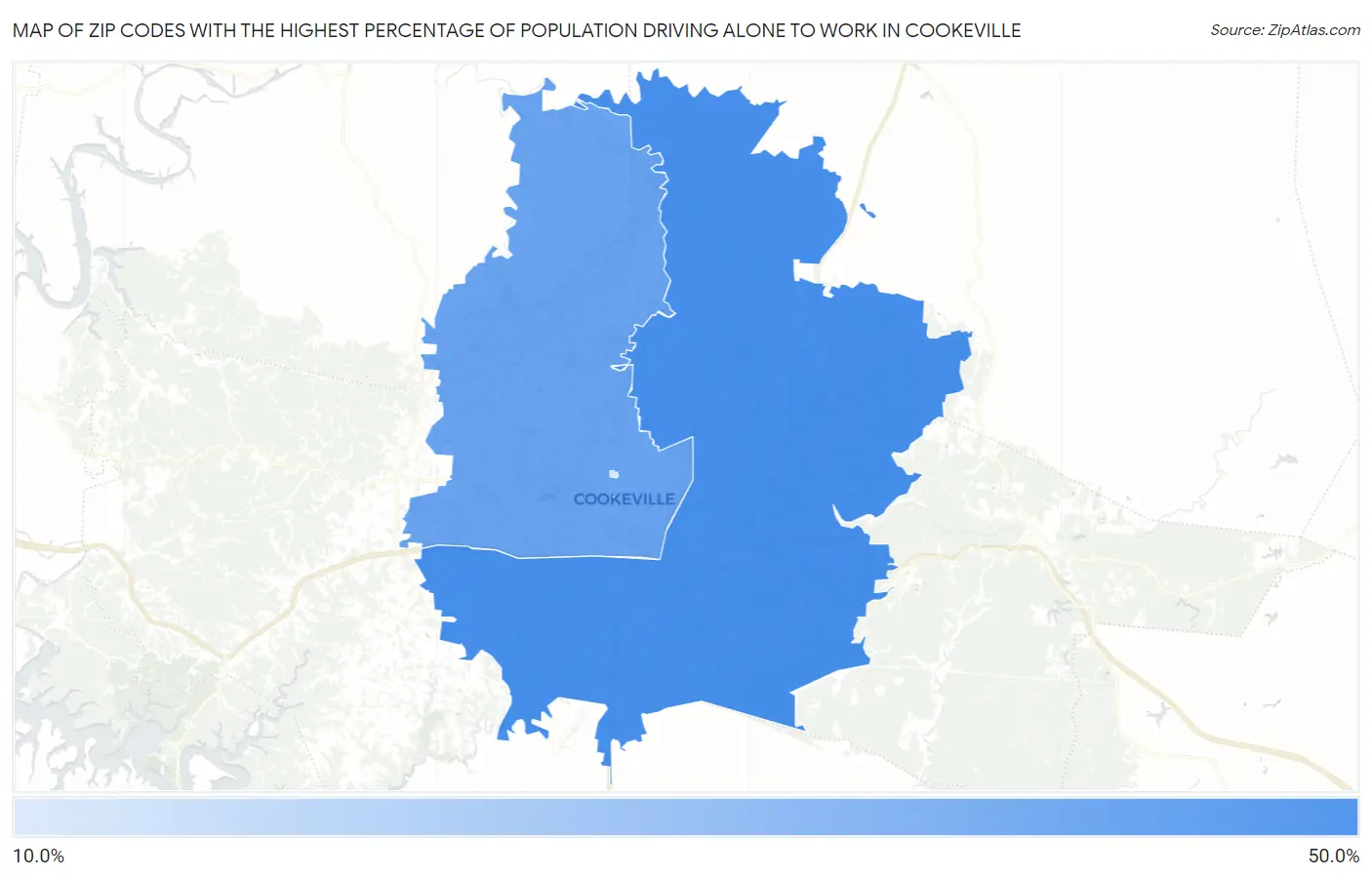 Zip Codes with the Highest Percentage of Population Driving Alone to Work in Cookeville Map