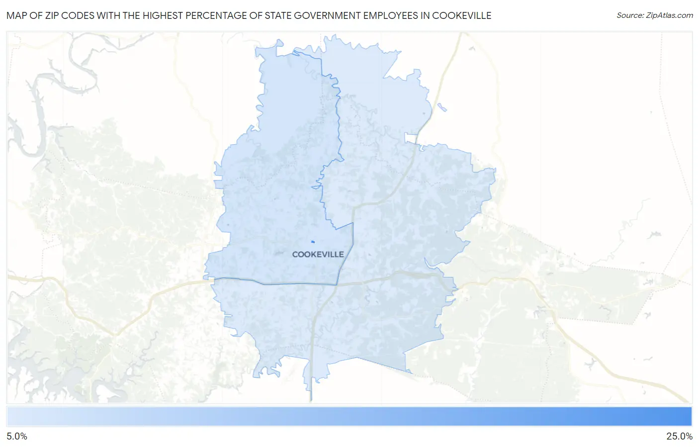 Zip Codes with the Highest Percentage of State Government Employees in Cookeville Map
