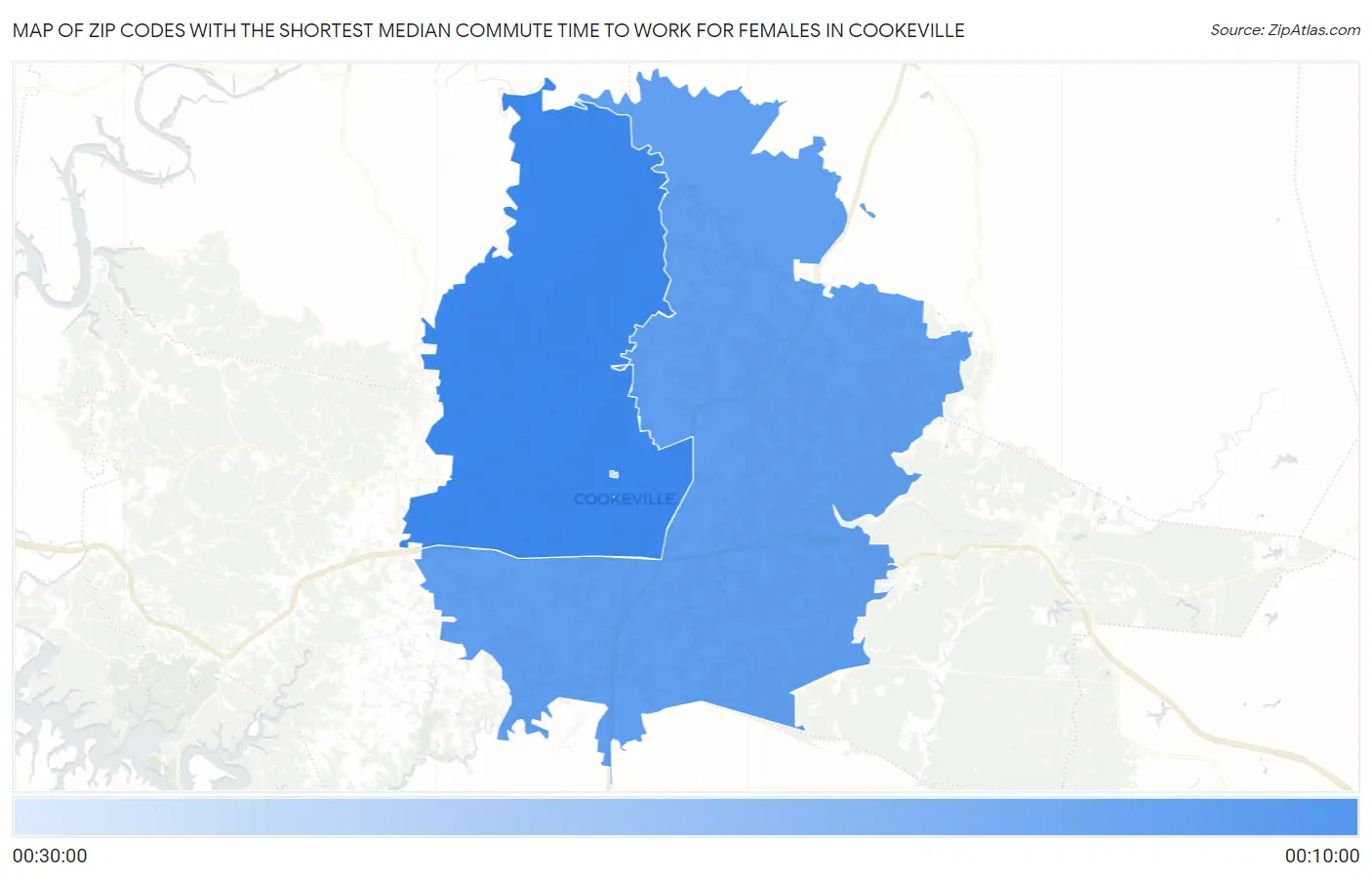 Zip Codes with the Shortest Median Commute Time to Work for Females in Cookeville Map