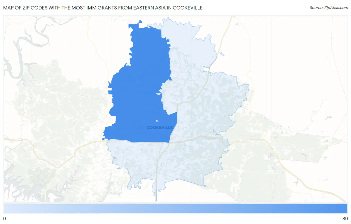 Zip Codes with the Most Immigrants from Eastern Asia in Cookeville Map