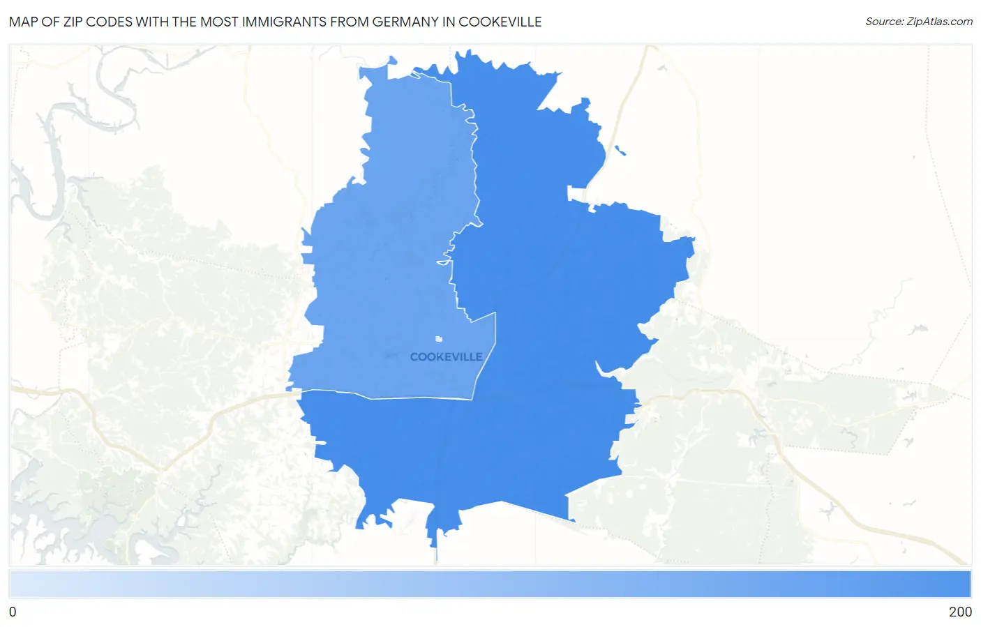 Zip Codes with the Most Immigrants from Germany in Cookeville Map