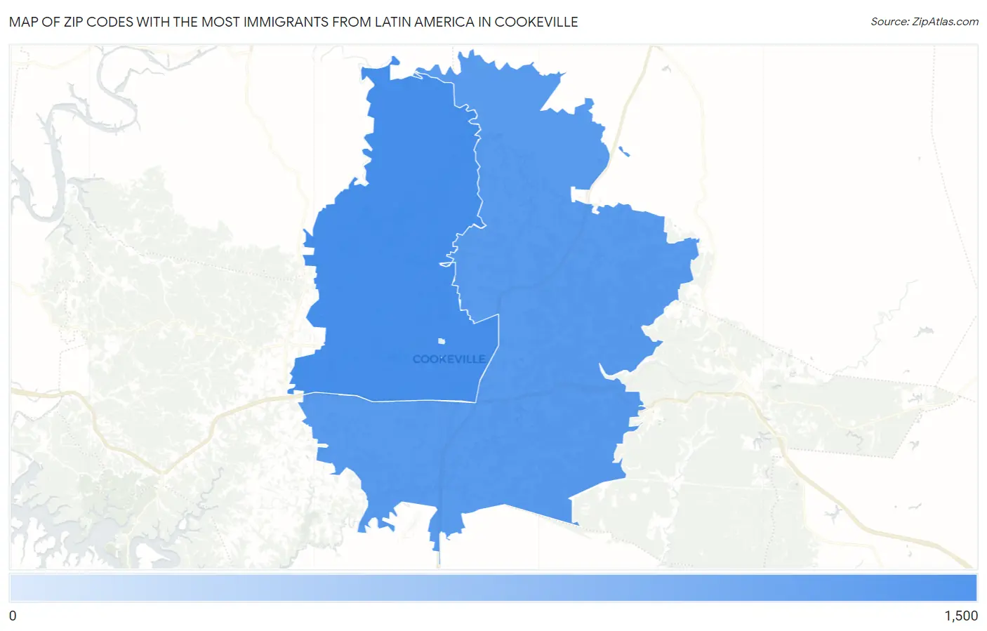 Zip Codes with the Most Immigrants from Latin America in Cookeville Map