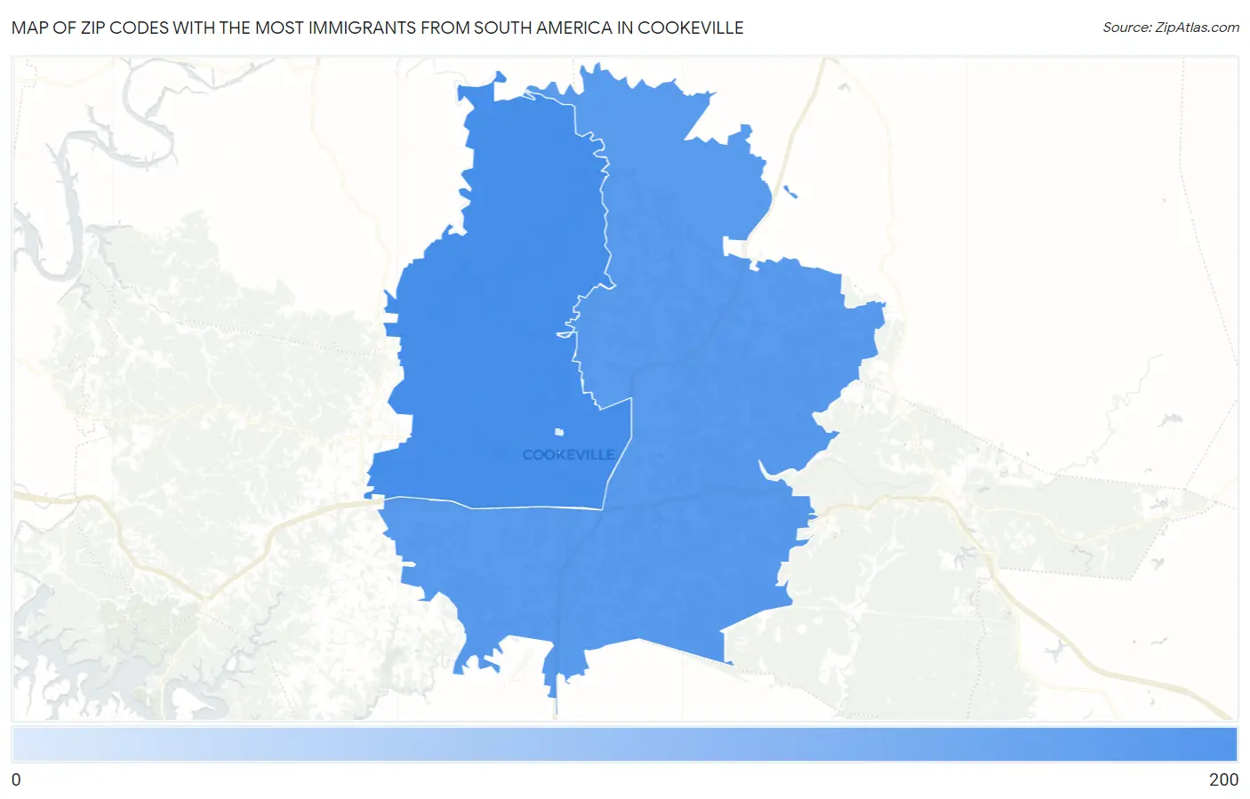 Zip Codes with the Most Immigrants from South America in Cookeville Map