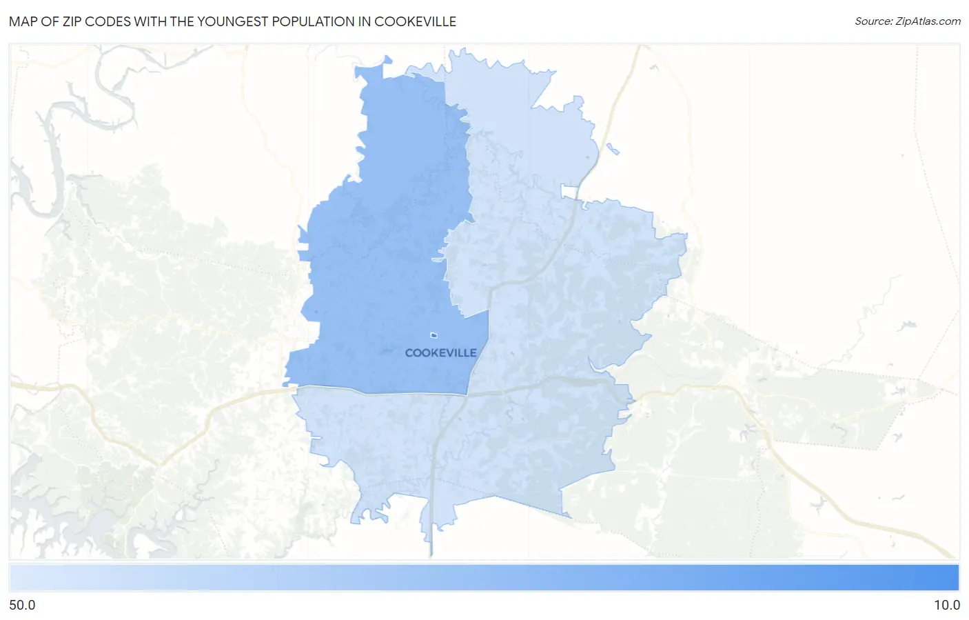 Zip Codes with the Youngest Population in Cookeville Map