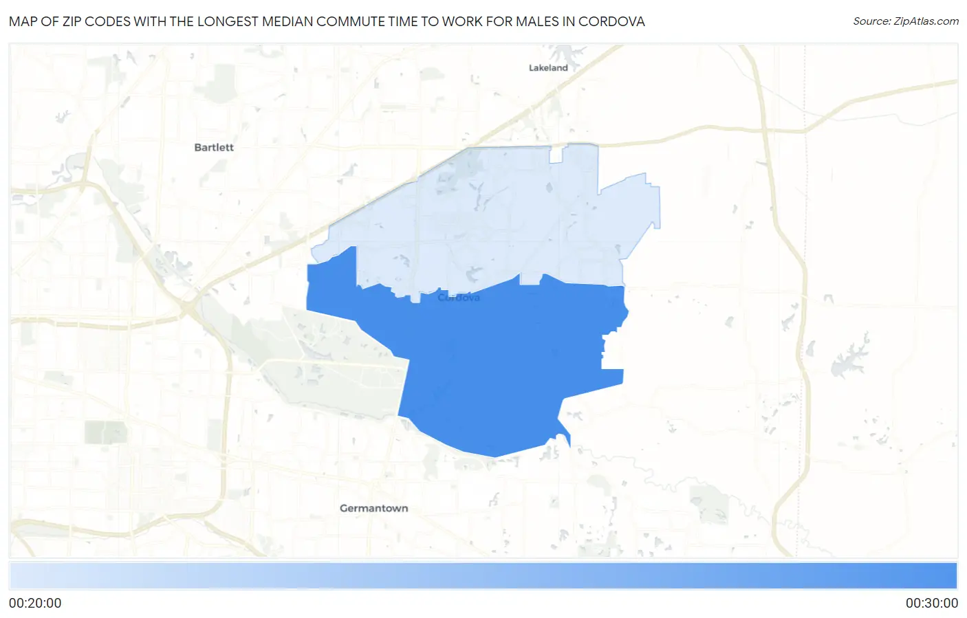 Zip Codes with the Longest Median Commute Time to Work for Males in Cordova Map