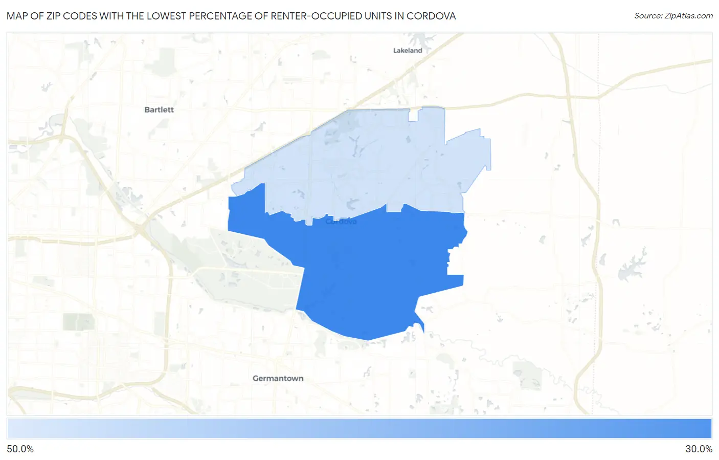 Zip Codes with the Lowest Percentage of Renter-Occupied Units in Cordova Map
