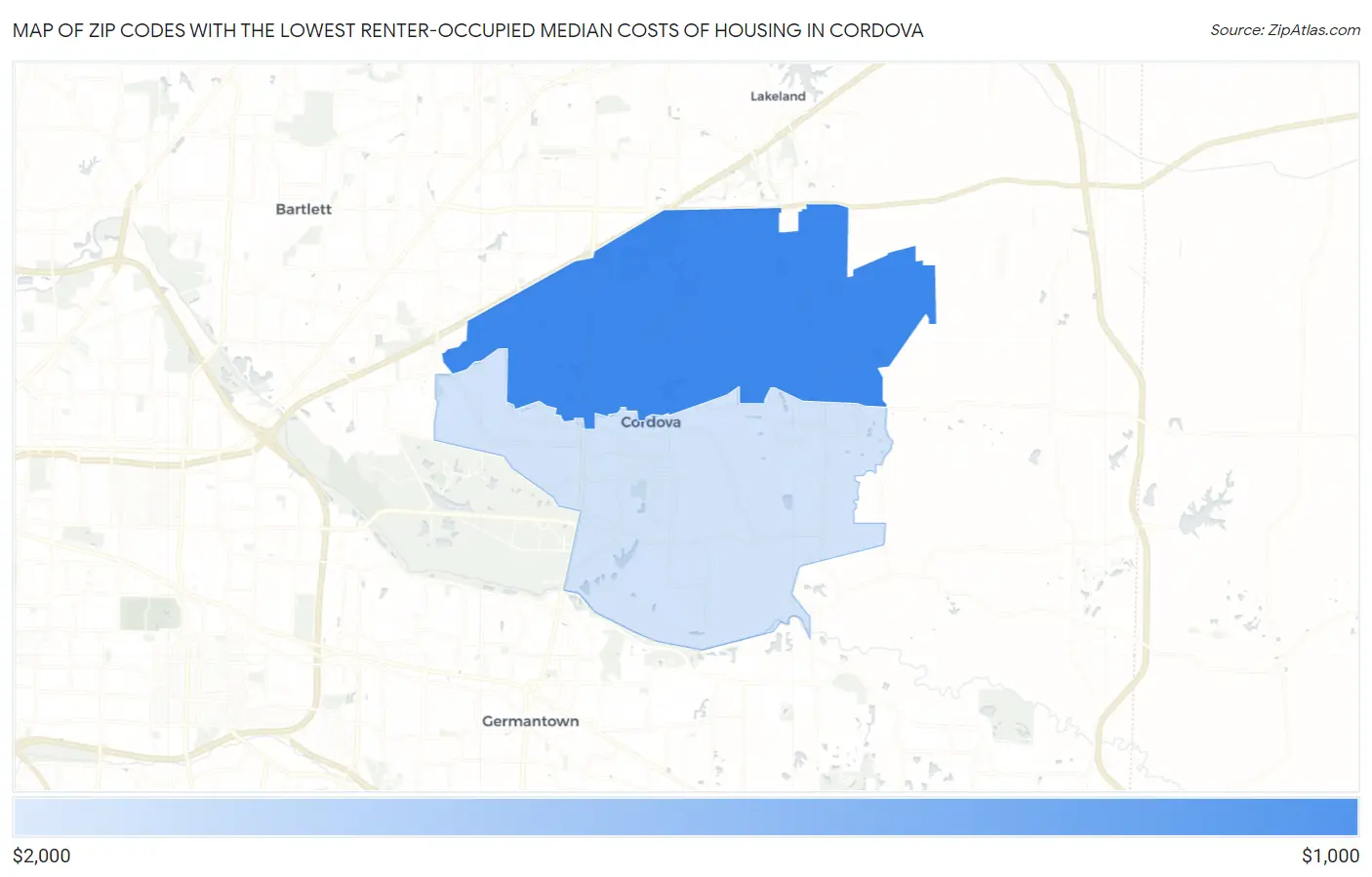 Zip Codes with the Lowest Renter-Occupied Median Costs of Housing in Cordova Map