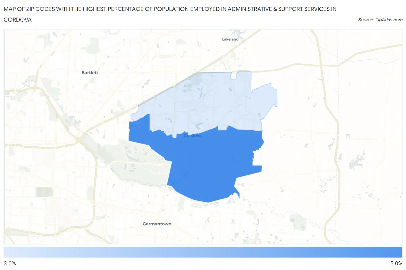 Zip Codes with the Highest Percentage of Population Employed in Administrative & Support Services in Cordova Map