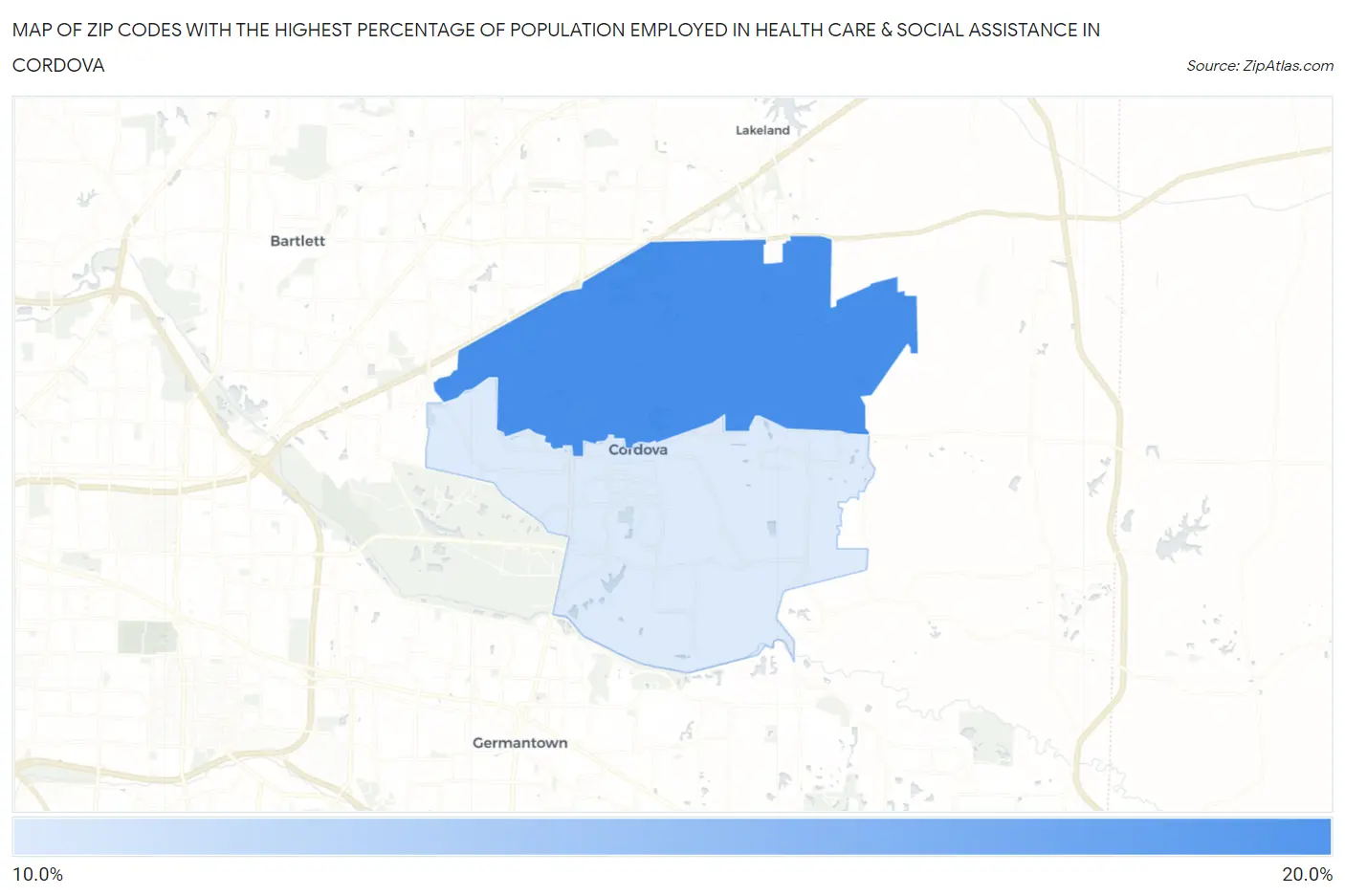 Zip Codes with the Highest Percentage of Population Employed in Health Care & Social Assistance in Cordova Map