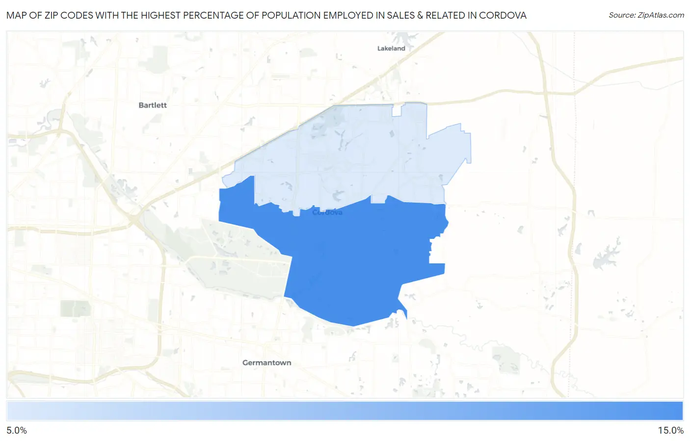 Zip Codes with the Highest Percentage of Population Employed in Sales & Related in Cordova Map