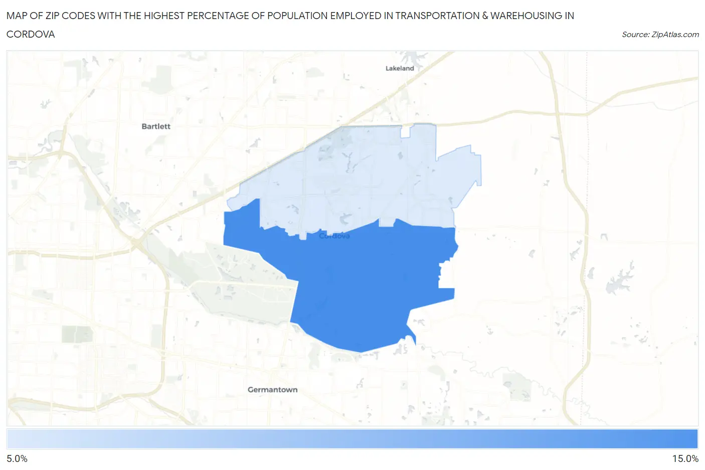 Zip Codes with the Highest Percentage of Population Employed in Transportation & Warehousing in Cordova Map