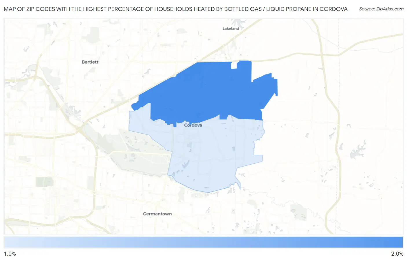 Zip Codes with the Highest Percentage of Households Heated by Bottled Gas / Liquid Propane in Cordova Map