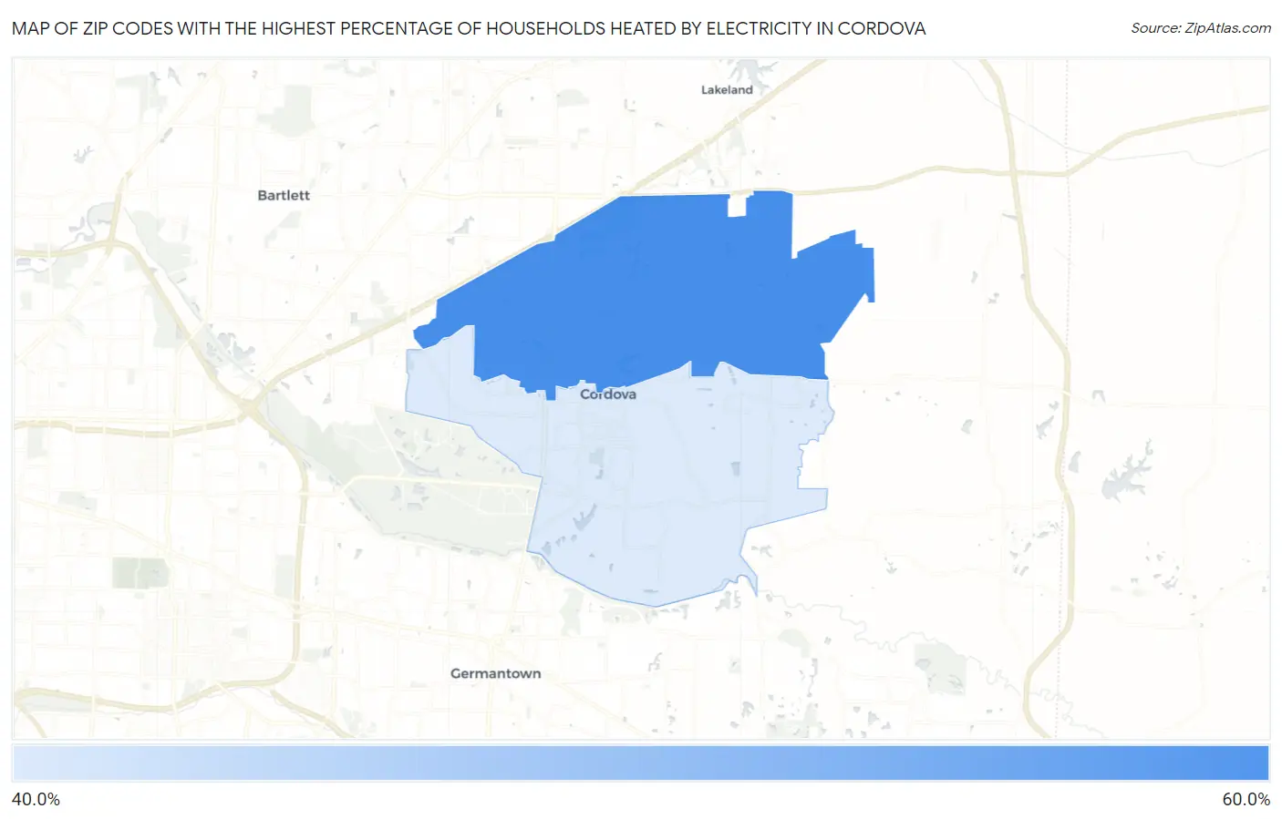 Zip Codes with the Highest Percentage of Households Heated by Electricity in Cordova Map