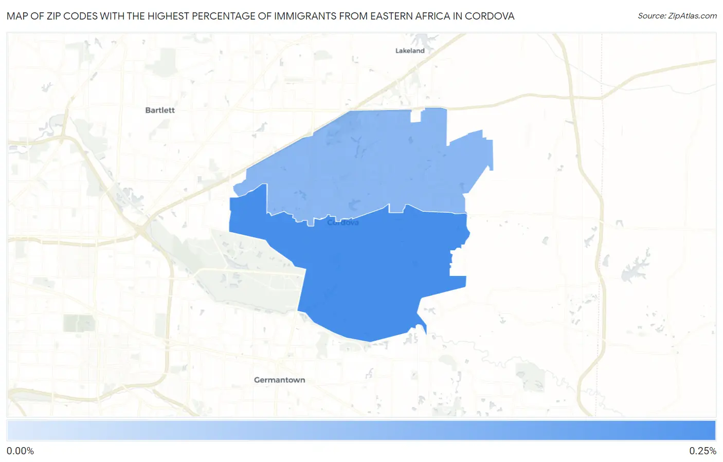 Zip Codes with the Highest Percentage of Immigrants from Eastern Africa in Cordova Map