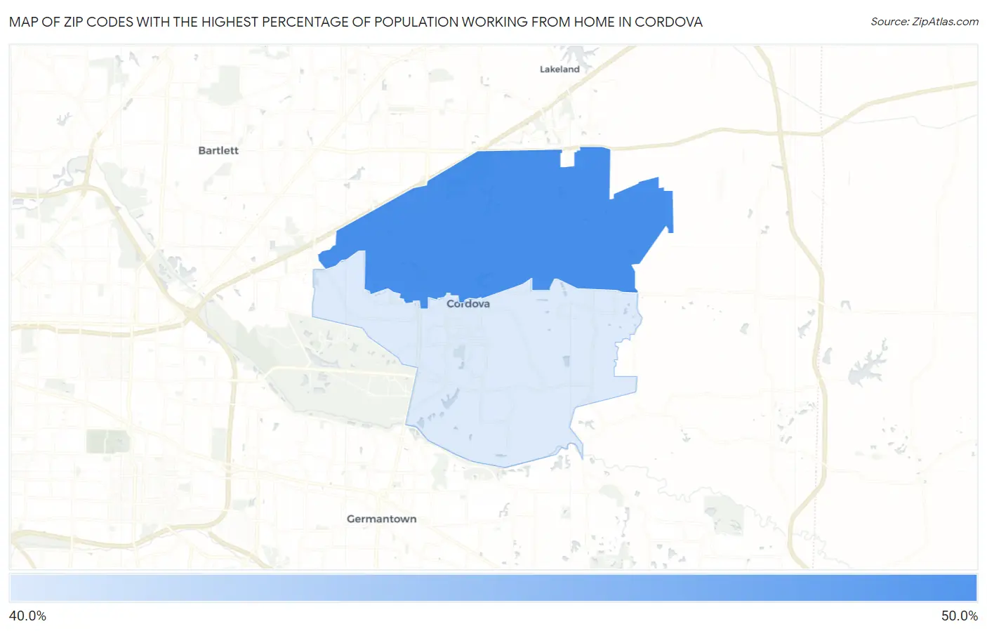 Zip Codes with the Highest Percentage of Population Working from Home in Cordova Map