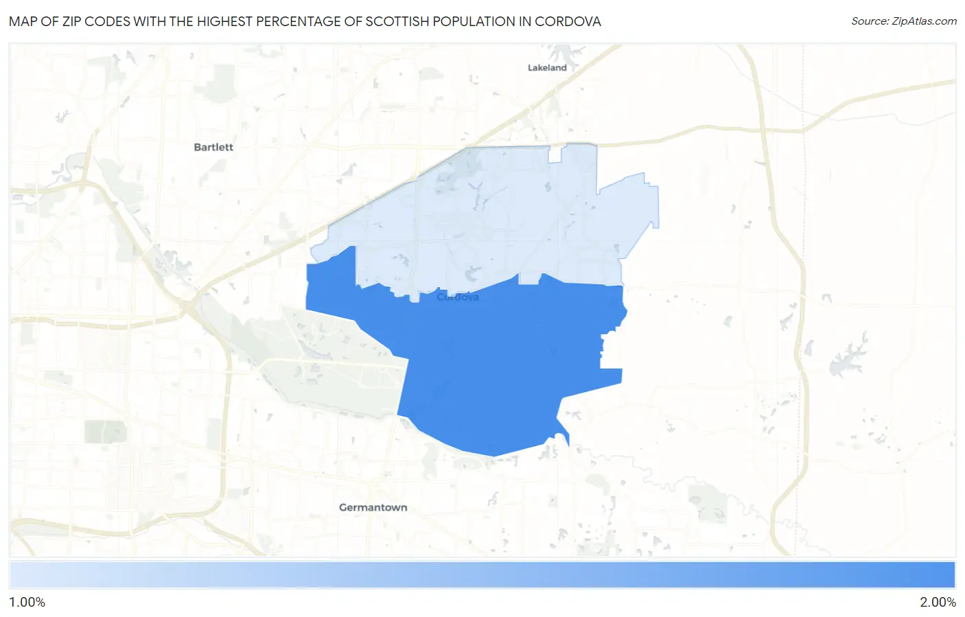 Zip Codes with the Highest Percentage of Scottish Population in Cordova Map