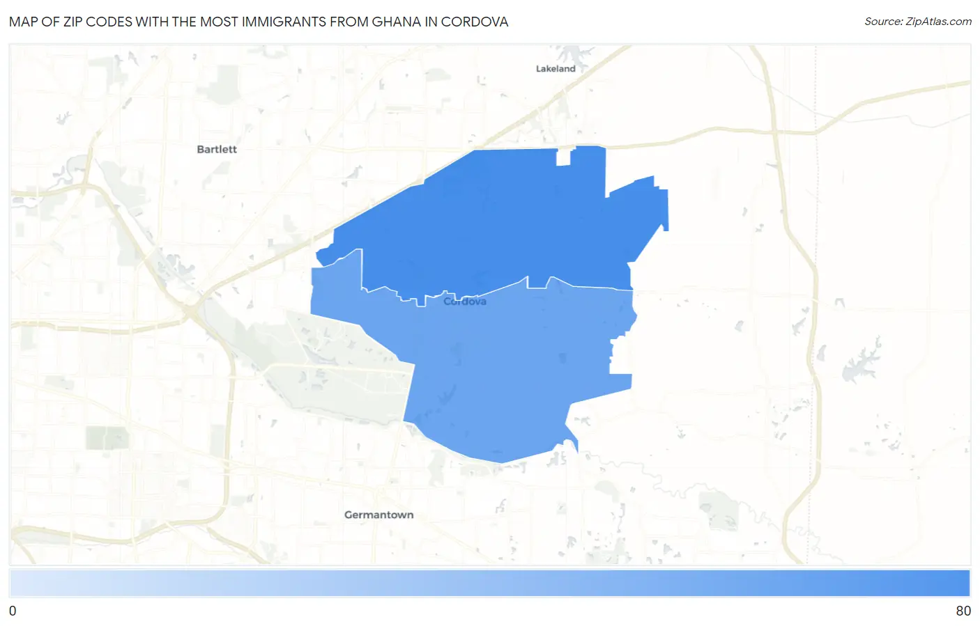 Zip Codes with the Most Immigrants from Ghana in Cordova Map