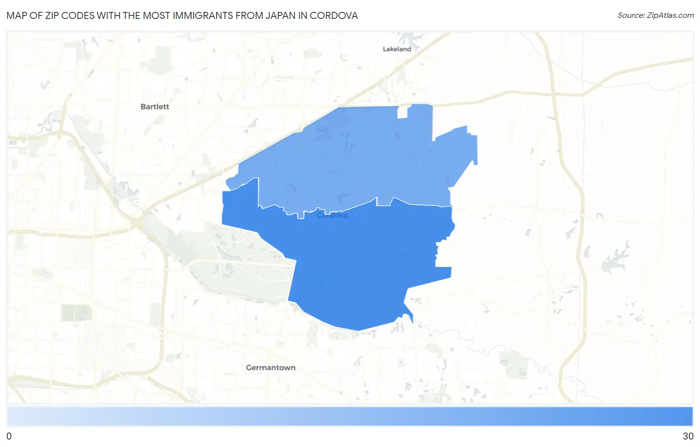 Zip Codes with the Most Immigrants from Japan in Cordova Map