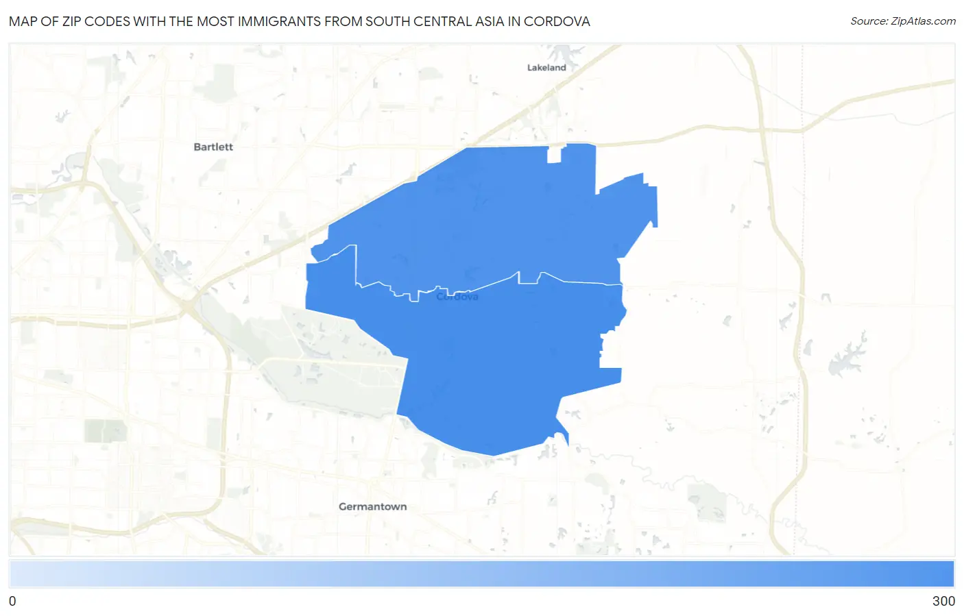 Zip Codes with the Most Immigrants from South Central Asia in Cordova Map