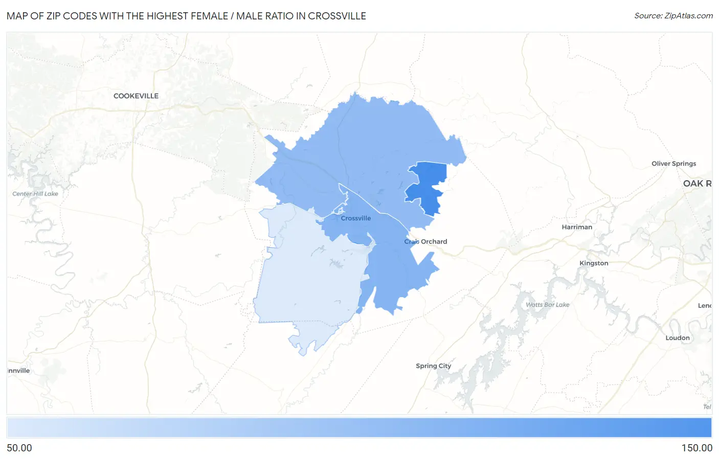 Zip Codes with the Highest Female / Male Ratio in Crossville Map