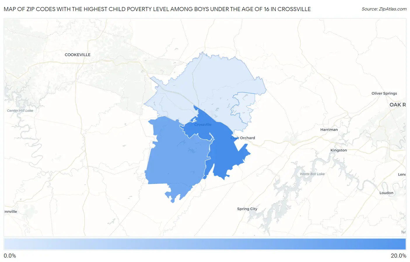 Zip Codes with the Highest Child Poverty Level Among Boys Under the Age of 16 in Crossville Map