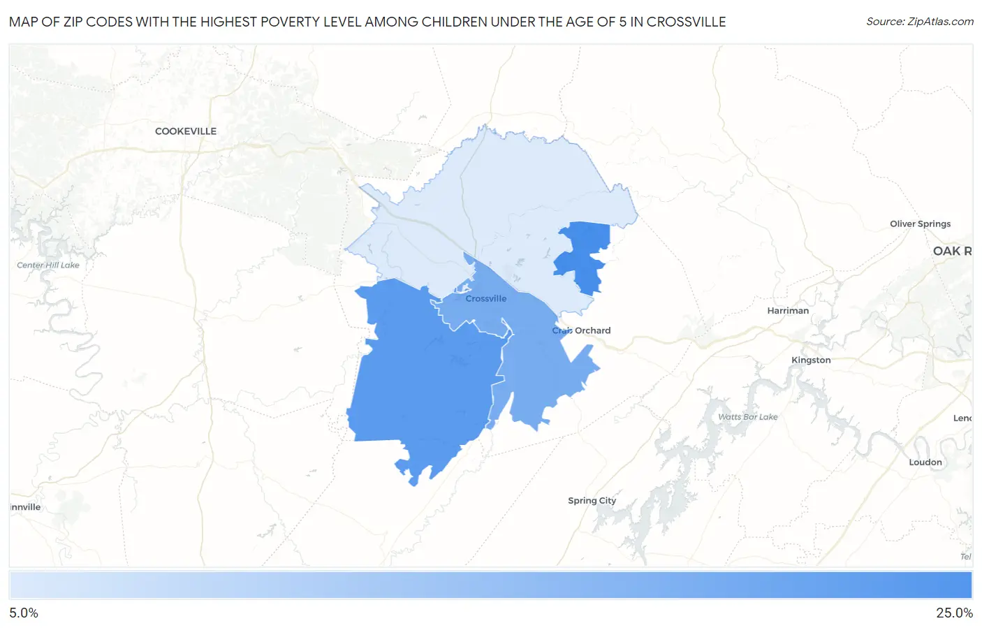 Zip Codes with the Highest Poverty Level Among Children Under the Age of 5 in Crossville Map