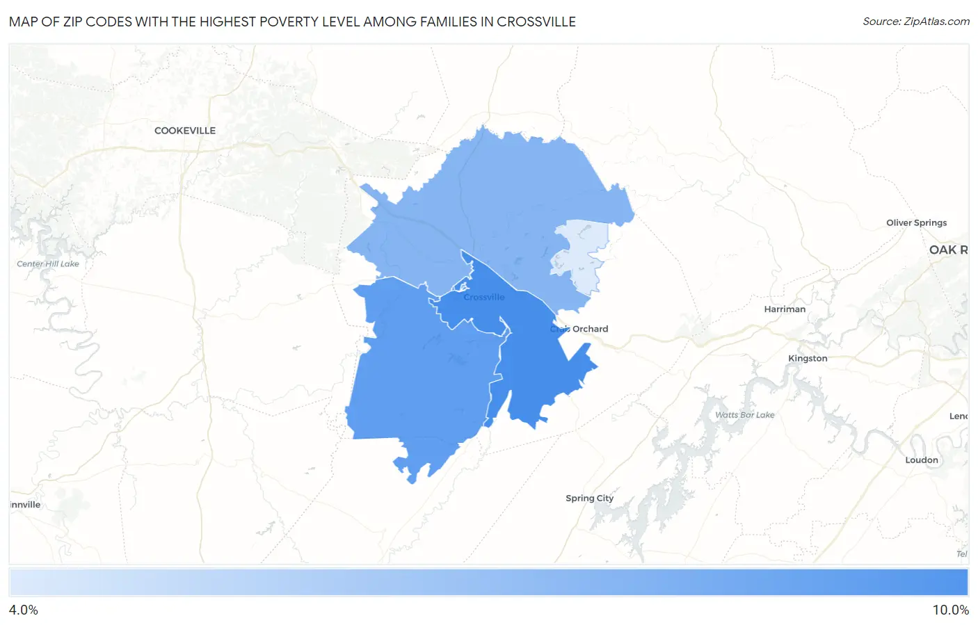 Zip Codes with the Highest Poverty Level Among Families in Crossville Map