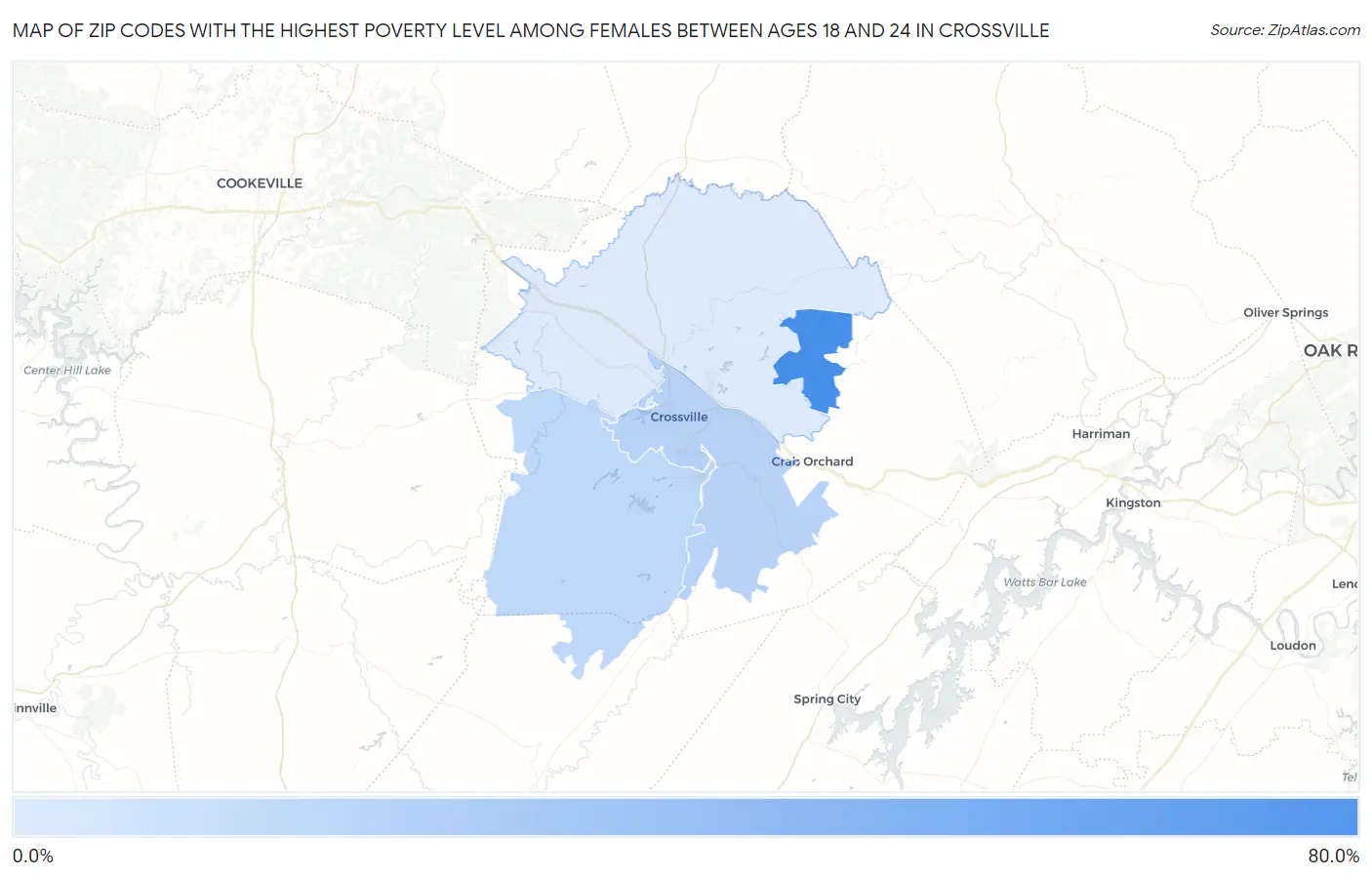 Zip Codes with the Highest Poverty Level Among Females Between Ages 18 and 24 in Crossville Map