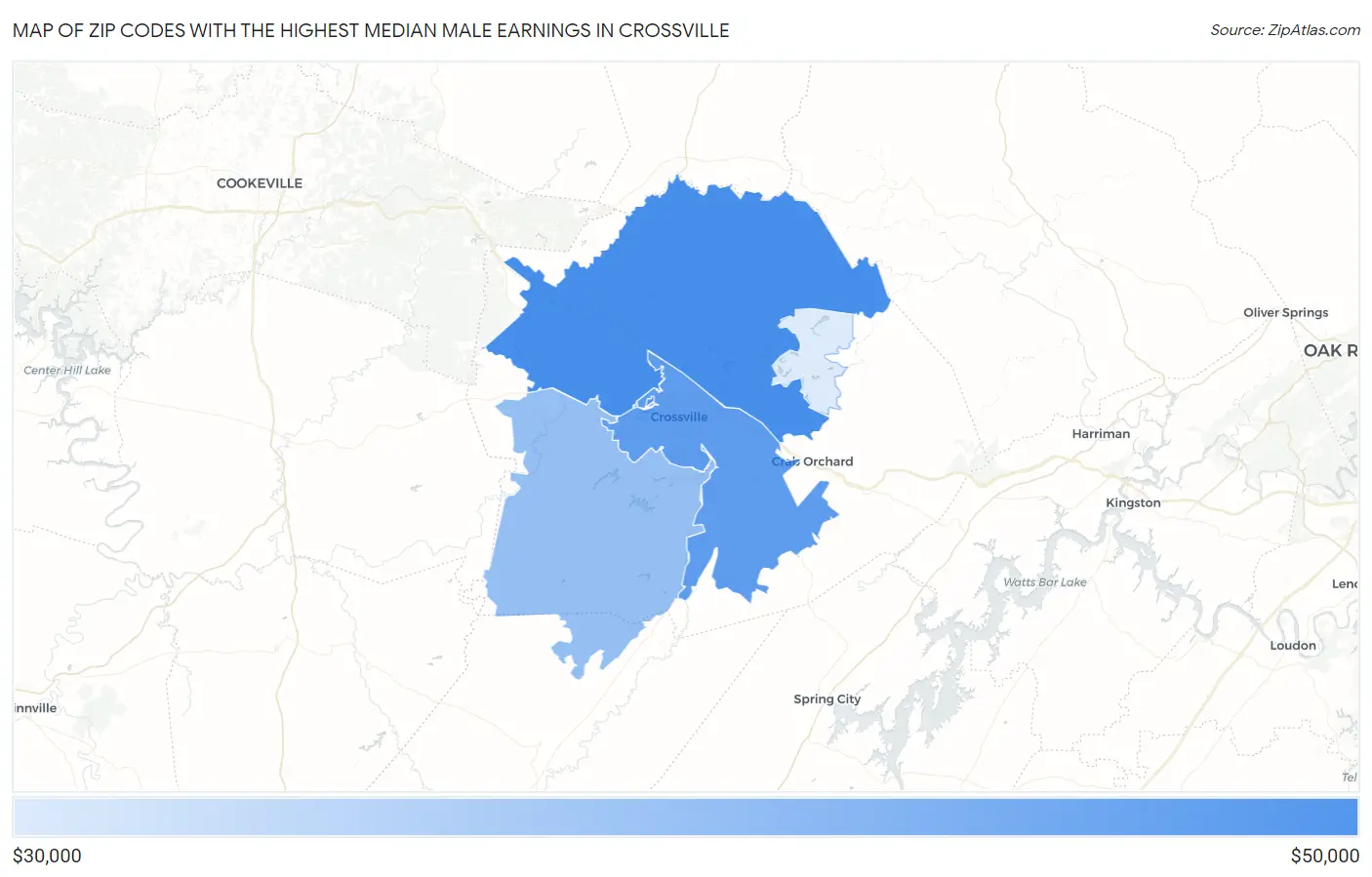 Zip Codes with the Highest Median Male Earnings in Crossville Map