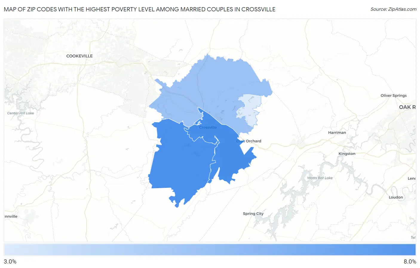 Zip Codes with the Highest Poverty Level Among Married Couples in Crossville Map