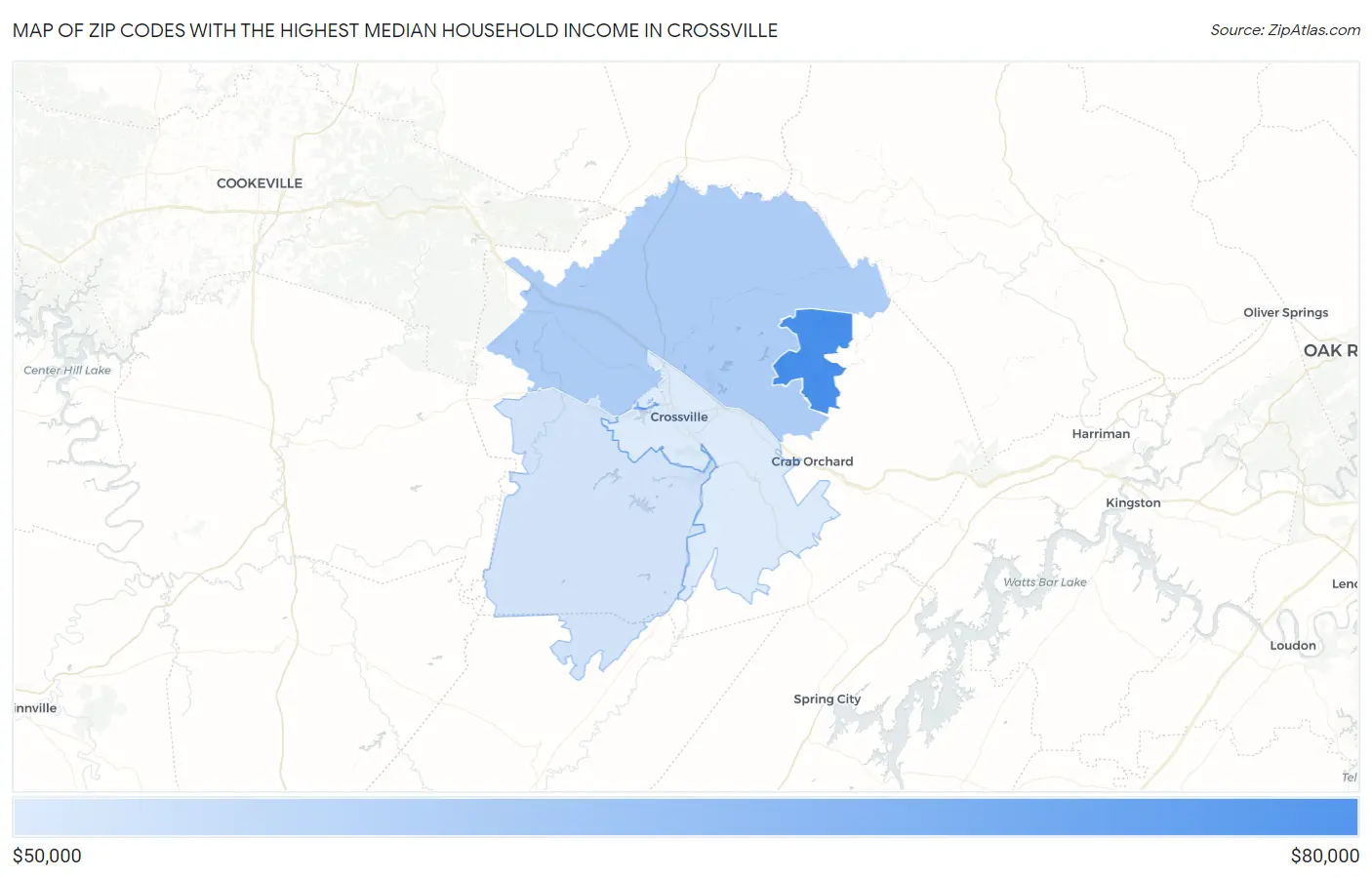 Zip Codes with the Highest Median Household Income in Crossville Map