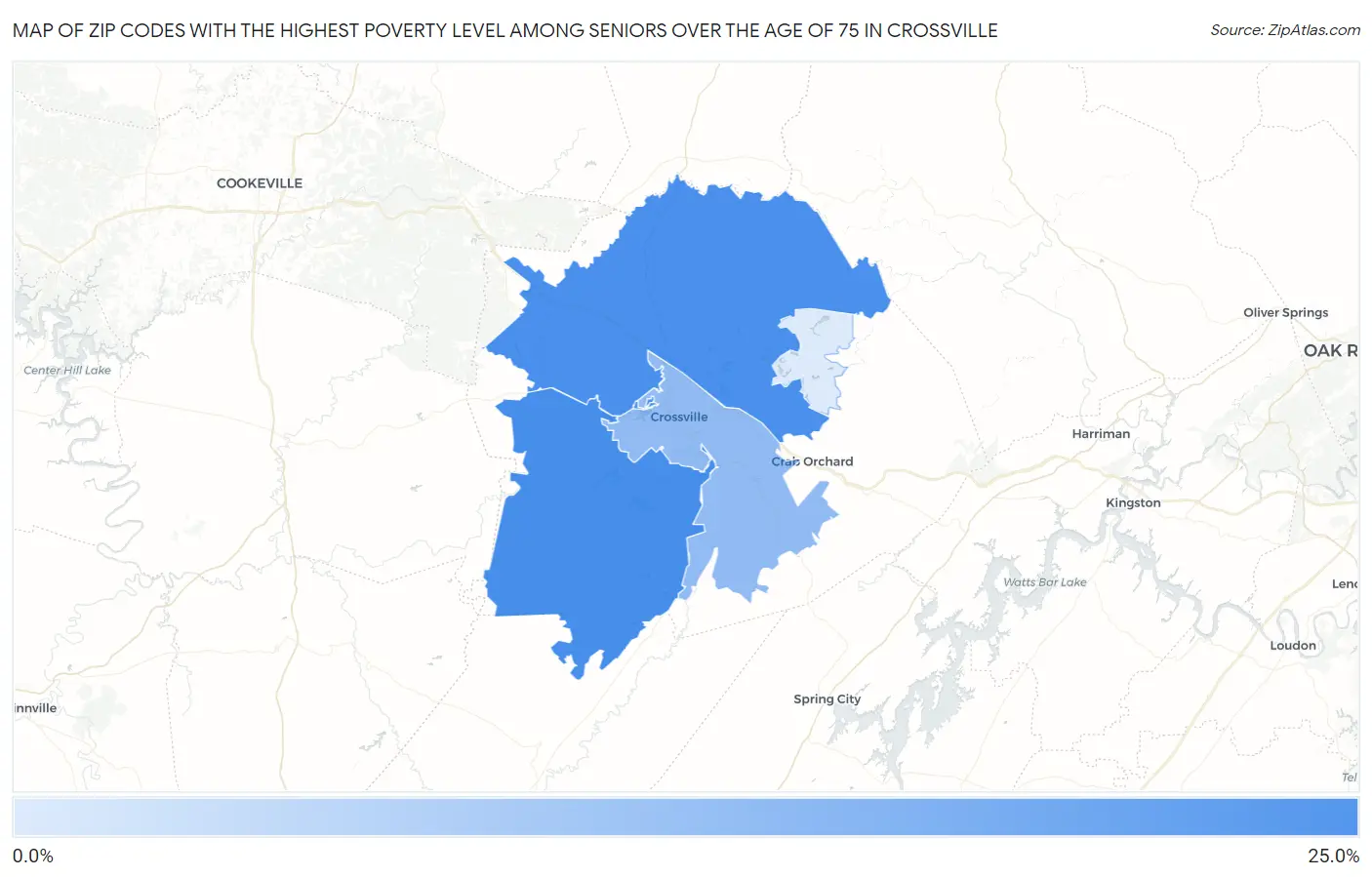 Zip Codes with the Highest Poverty Level Among Seniors Over the Age of 75 in Crossville Map