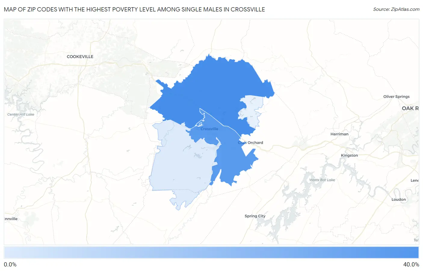 Zip Codes with the Highest Poverty Level Among Single Males in Crossville Map