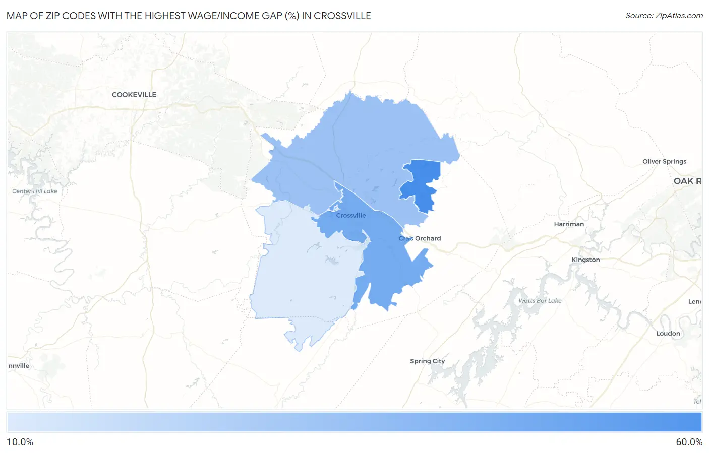 Zip Codes with the Highest Wage/Income Gap (%) in Crossville Map