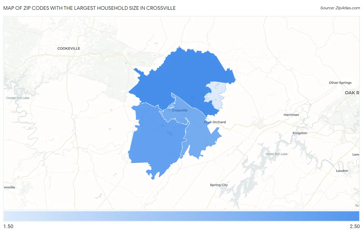 Zip Codes with the Largest Household Size in Crossville Map