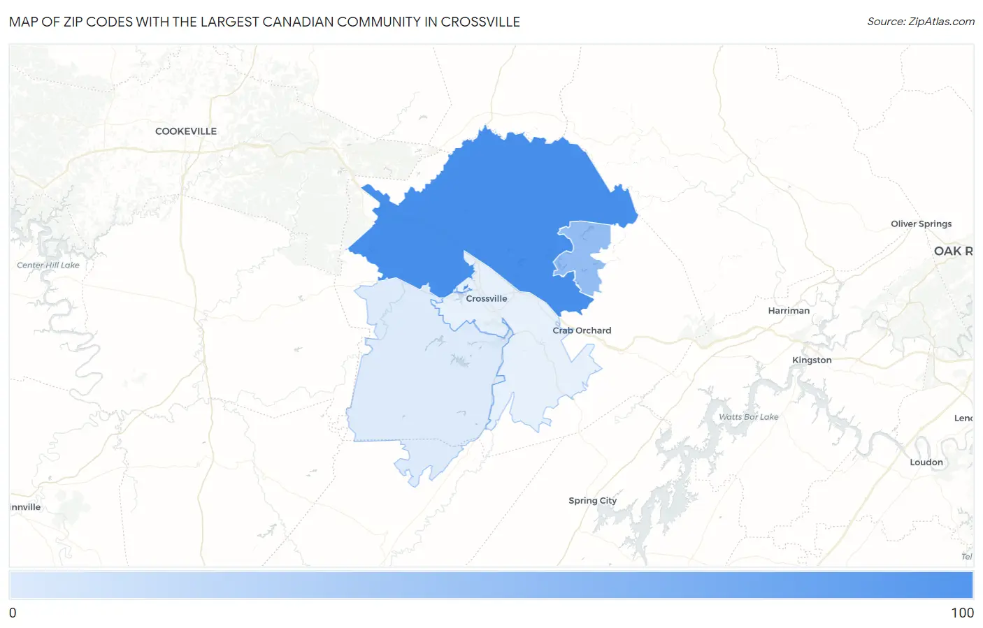 Zip Codes with the Largest Canadian Community in Crossville Map