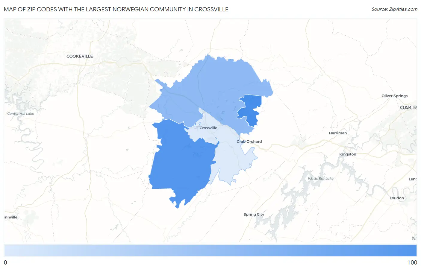 Zip Codes with the Largest Norwegian Community in Crossville Map