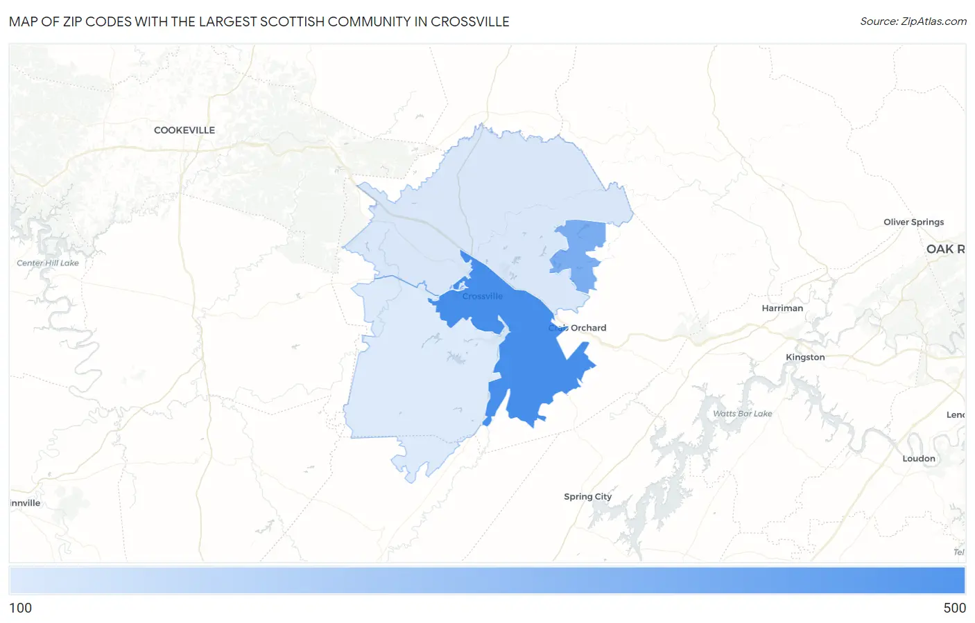 Zip Codes with the Largest Scottish Community in Crossville Map