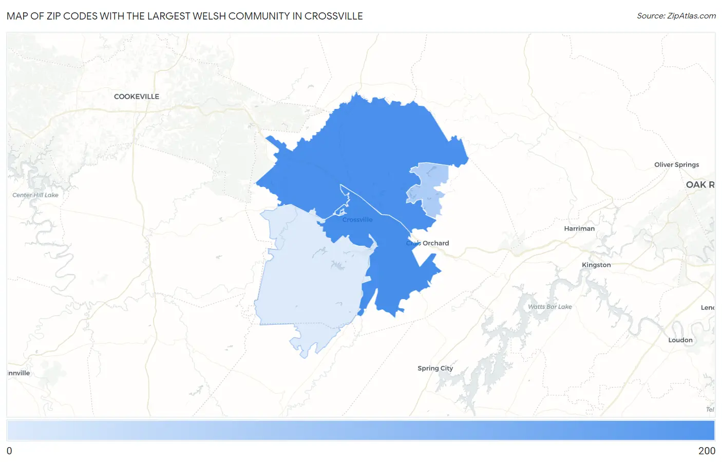 Zip Codes with the Largest Welsh Community in Crossville Map