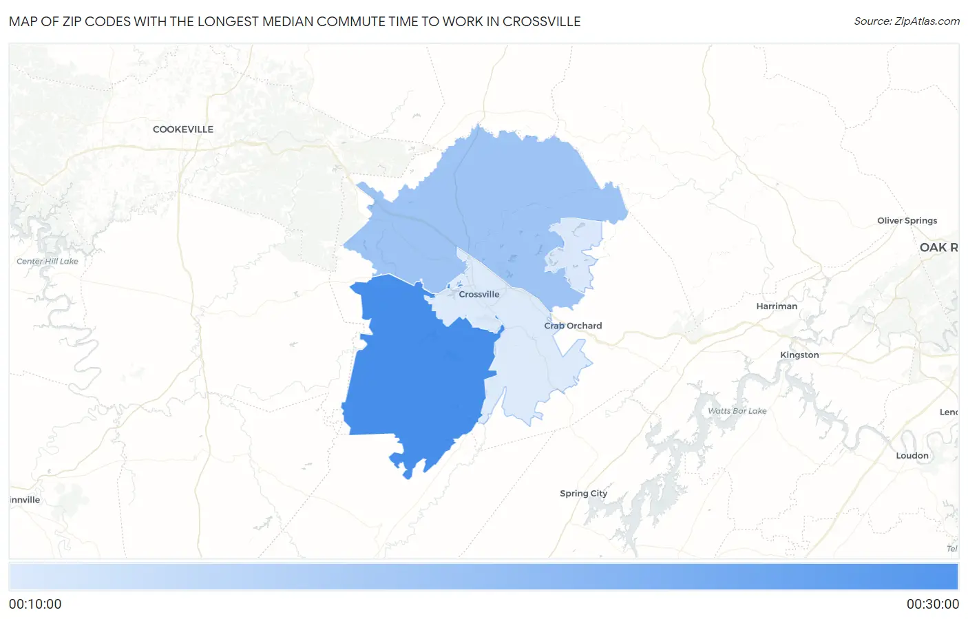 Zip Codes with the Longest Median Commute Time to Work in Crossville Map