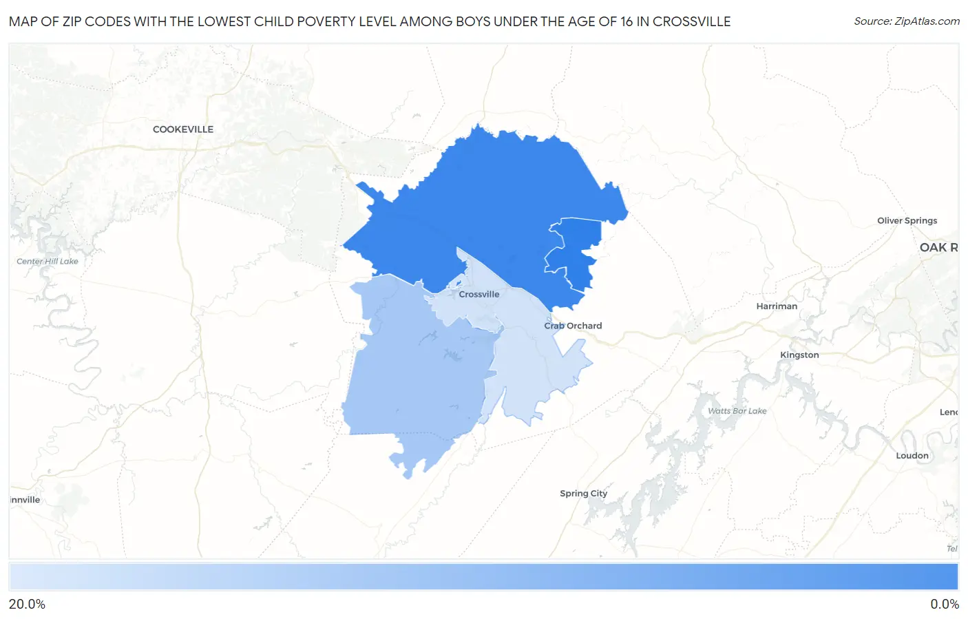 Zip Codes with the Lowest Child Poverty Level Among Boys Under the Age of 16 in Crossville Map