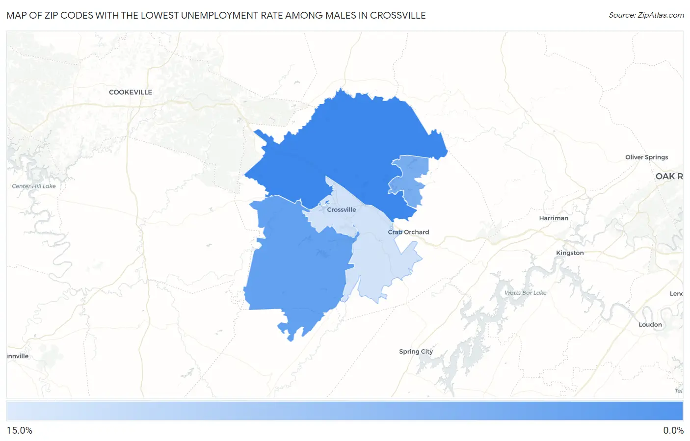 Zip Codes with the Lowest Unemployment Rate Among Males in Crossville Map