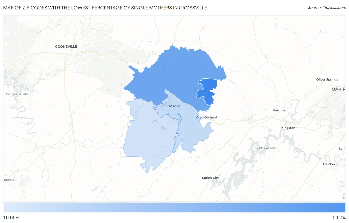 Zip Codes with the Lowest Percentage of Single Mothers in Crossville Map