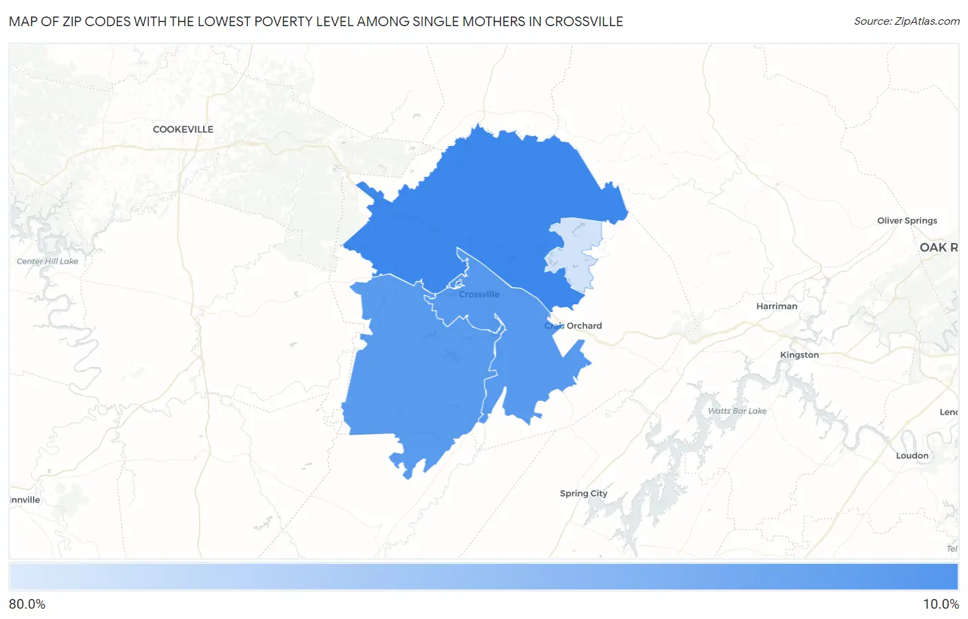 Zip Codes with the Lowest Poverty Level Among Single Mothers in Crossville Map