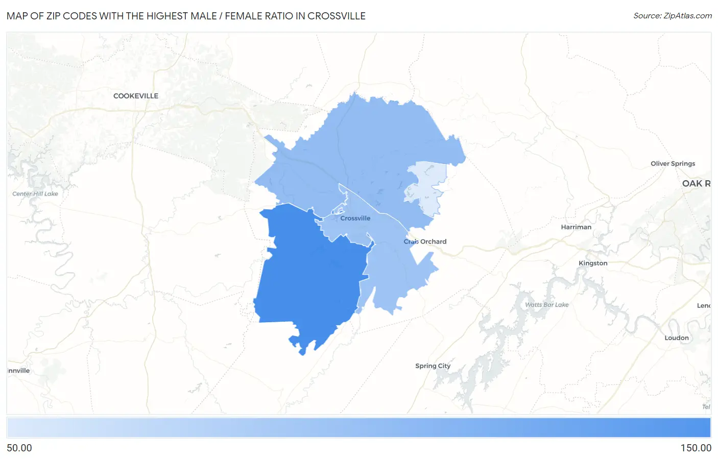 Zip Codes with the Highest Male / Female Ratio in Crossville Map