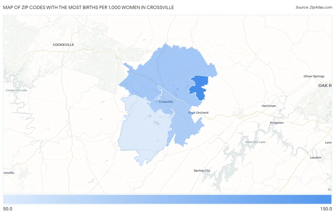 Zip Codes with the Most Births per 1,000 Women in Crossville Map
