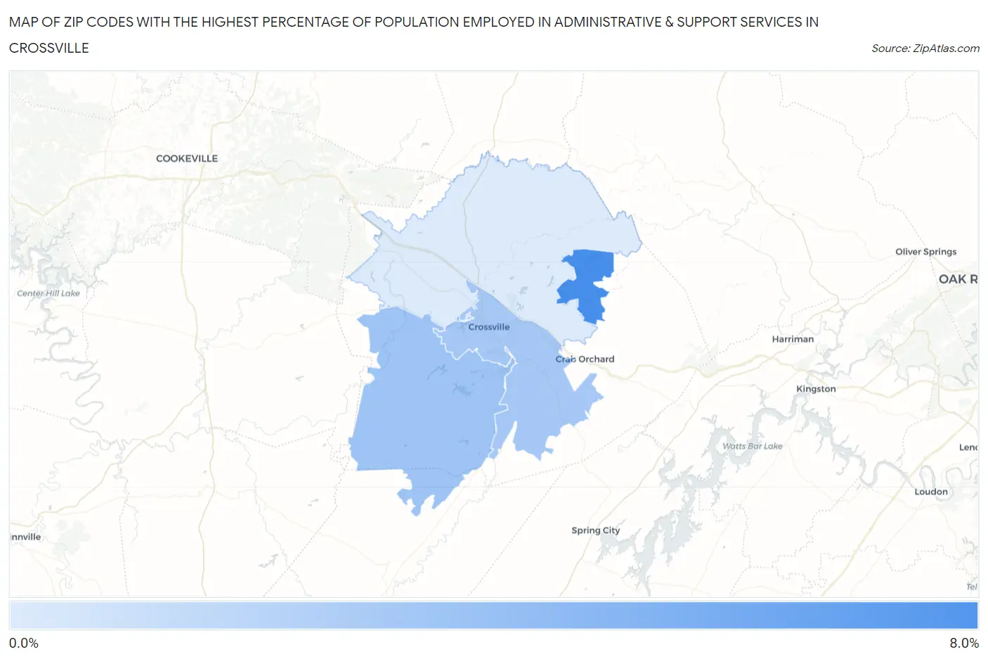 Zip Codes with the Highest Percentage of Population Employed in Administrative & Support Services in Crossville Map