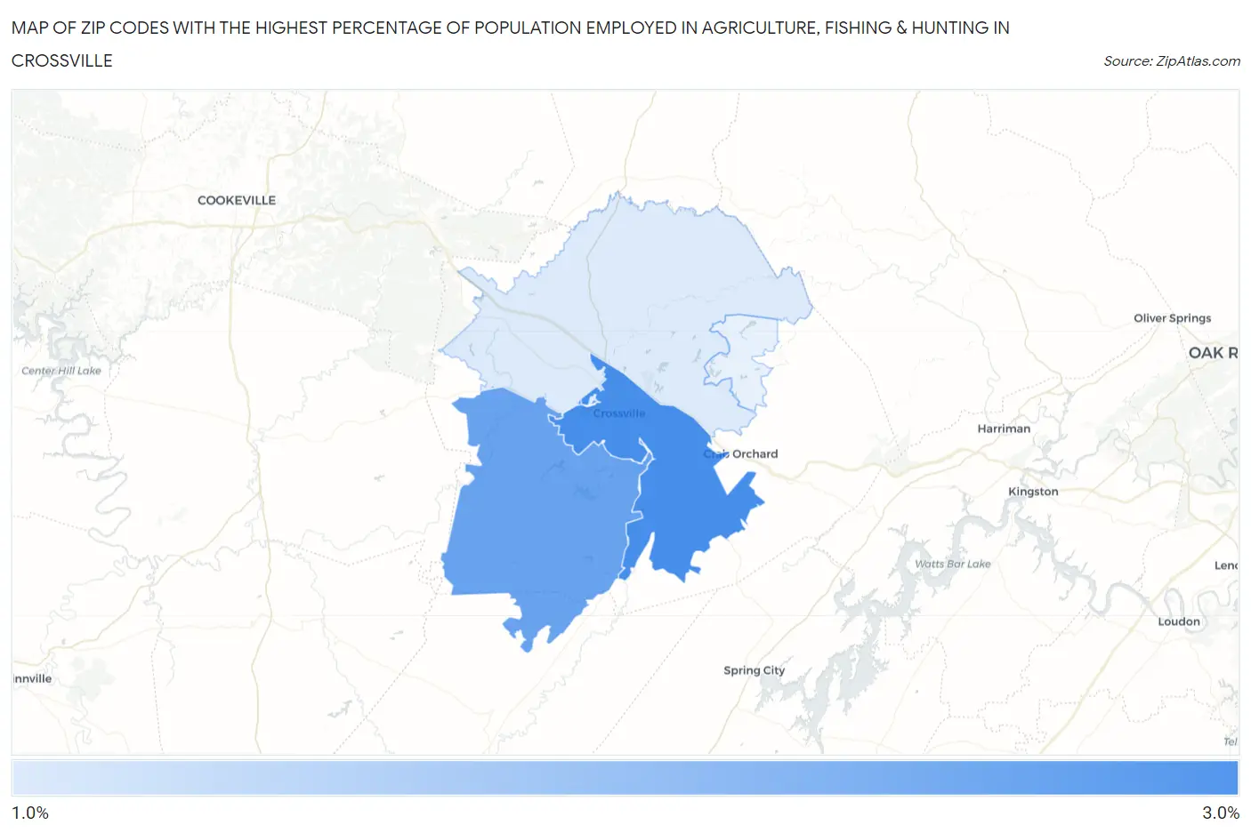 Zip Codes with the Highest Percentage of Population Employed in Agriculture, Fishing & Hunting in Crossville Map