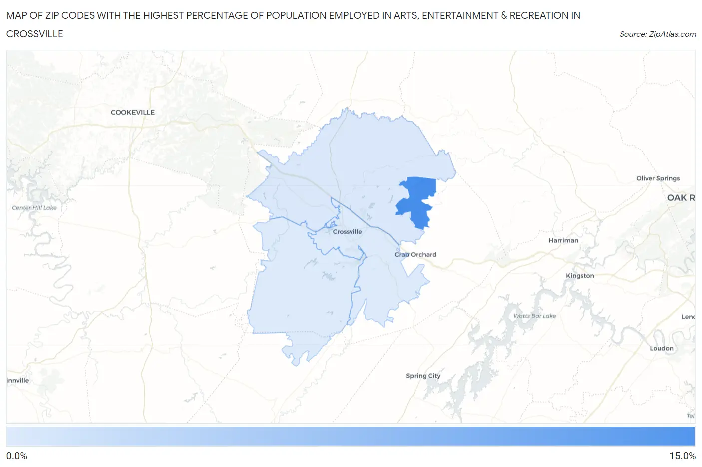 Zip Codes with the Highest Percentage of Population Employed in Arts, Entertainment & Recreation in Crossville Map